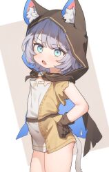 1girl absurdres aged_down animal_ear_fluff animal_ears animal_hood black_gloves blue_eyes brown_dress cat_ears cat_hood cat_tail cipher_(honkai:_star_rail) commentary_request dress fang freehoney gloves grey_hair highres honkai:_star_rail honkai_(series) hood looking_at_viewer open_mouth paid_reward_available rags short_hair skin_fang solo tail thighs