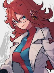 Rule 34 | 1girl, android 21, blue eyes, breasts, brown hair, checkered clothes, checkered dress, closed mouth, dragon ball, dragon ball fighterz, dress, earrings, glasses, grey background, hair between eyes, hoop earrings, jewelry, kemachiku, lab coat, long hair, long sleeves, looking at viewer, medium breasts, red hair, red ribbon army, sketch, smile, solo, upper body