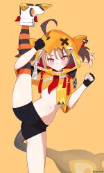 ahoge belly bike_shorts gigi_murin gloves highres hololive hololive_english looking_at_viewer navel nommny smile split standing standing_on_one_leg standing_split tail virtual_youtuber