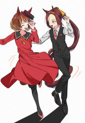 2girls absurdres animal_ears appleq belt black_pantyhose black_vest blush boater_hat bow brown_hair curtained_hair dancing dress dress_shoes ear_ornament flower_in_eye formal_clothes grey_socks hair_ornament hairband highres horse_ears horse_girl horse_tail laughing long_hair long_sleeves looking_at_another medium_hair multiple_girls necktie north_flight_(umamusume) pantyhose parted_bangs ponytail red_dress red_handkerchief red_necktie red_shoes sailor_collar sakura_bakushin_o_(umamusume) shadow shirt shoes smile socks spinning standing standing_on_one_leg suit symbol_in_eye tail umamusume vest white_background white_bow white_shirt yellow_bow