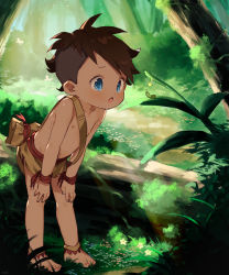 1boy anklet bag barefoot blue_eyes bug butterfly caterpillar child feet flower forest highres insect jewelry leaning_forward male_focus musical_note nature navel nemui_(nemuriyagi) open_mouth original outdoors plant shoulder_bag solo tan topless_male tree tribal undercut vines