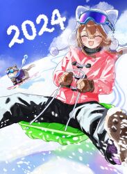 1girl 2024 :d ^_^ animal animal_ears animal_hat arin_(1010_ssu) beanie black_pants blue_sky boots braid brown_hair brown_mittens can_(honkai_impact) closed_eyes clothed_animal clothes_writing cloud commentary_request day fake_animal_ears fang goggles goggles_on_headwear grey_sweater hat highres honkai_(series) honkai_impact_3rd jacket long_hair mittens nyan open_mouth outdoors pants pardofelis pink_jacket ribbed_sweater romaji_text shoe_soles ski_goggles sky sled smile snow snowboard sweater toboggan turtleneck turtleneck_sweater twin_braids twitter_username white_headwear