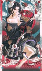 Rule 34 | 1girl, absurdres, black hair, black kimono, expressionless, floral print, highres, japanese clothes, jinchaoyueming21845, kibutsuji muzan, kibutsuji muzan (female), kimetsu no yaiba, kimono, red eyes, red lips, slit pupils, solo