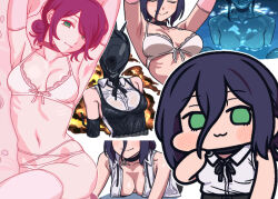 Rule 34 | 1girl, :3, apron, arms up, black apron, black choker, black hair, bomb devil (chainsaw man), bra, breasts, chainsaw man, chibi, chibi inset, choker, elbow gloves, explosion, gloves, green eyes, hair between eyes, jazz jack, medium breasts, multiple views, navel, open clothes, open shirt, panties, pink gloves, pool, purple hair, reze (chainsaw man), shirt, sleeveless, sleeveless shirt, underwear, water, wet, white bra, white panties, white shirt