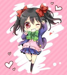 Rule 34 | 1girl, \m/, arm up, black hair, black socks, blazer, blue jacket, blue skirt, blush, bow, bowtie, brown shoes, cardigan, chibi, chibi only, commentary request, diagonal-striped bow, diagonal-striped bowtie, diagonal-striped clothes, double \m/, full body, green bow, green bowtie, grin, hand up, jacket, kneehighs, loafers, long sleeves, looking at viewer, love live!, love live! school idol project, miniskirt, nico nico nii, open clothes, open jacket, otonokizaka school uniform, pink background, pink cardigan, plaid clothes, plaid skirt, pleated skirt, red eyes, school uniform, shoes, skirt, smile, socks, solo, striped background, striped clothes, twintails, uira akuru, winter uniform, yazawa nico