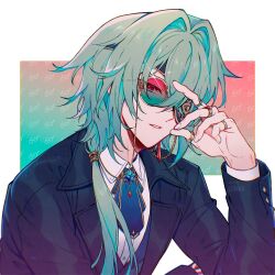 1boy anaxa_(honkai:_star_rail) ascot black_jacket blue_ascot collared_shirt commentary english_commentary eyepatch eyewear_strap gradient-tinted_eyewear gradient_background green-tinted_eyewear green_background green_hair highres honkai:_star_rail honkai_(series) jacket jewelry long_hair long_sleeves lowah male_focus multiple_rings ponytail red-tinted_eyewear red_background ring shirt solo tinted_eyewear upper_body white_shirt