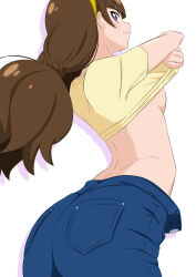 Rule 34 | 1girl, amanogawa kirara, blush, breasts, brown hair, clothes lift, denim, fuchi (nightmare), go! princess precure, highres, jeans, long hair, looking at viewer, looking back, pants, precure, purple eyes, shirt, shirt lift, sideboob, solo, solo focus, t-shirt, twintails, underboob, yellow shirt