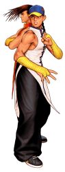 2boys absurdres baggy_pants bare_shoulders baseball_cap black_hair braid bridal_gauntlets brothers capcom capcom_vs_snk capcom_vs_snk_2 chinese_clothes clenched_hand crossed_arms facing_to_the_side game_cg hat highres long_hair looking_to_the_side male_focus mori_toshiaki multicolored_hat multiple_boys muscular non-web_source official_art pants parted_lips portrait siblings single_braid sleeveless street_fighter twins white_background yang_lee yun_lee