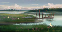 2girls absurdres animal_ears artist_name blue_sky boat bug butterfly cat_ears cloud cloudy_sky commentary_request dated day dock flower forest grass highres insect lake landscape long_hair luo_xiaohei luo_xiaohei_(human) luo_xiaohei_zhanji multiple_girls nature original outdoors pink_flower reflection reflective_water scenery shirt short_hair sitting skirt sky standing tree very_wide_shot water watercraft wetland yellow_butterfly zm-panda-