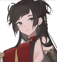 1girl armpit_peek between_breasts blunt_bangs braid breasts clothing_cutout commentary detached_sleeves earrings english_commentary green_eyes hair_over_shoulder jewelry long_hair looking_at_viewer necktie necktie_between_breasts open_mouth original red_shirt shirt short_twintails sideboob_cutout sidelocks simple_background solo twintails very_long_hair white_background yellow_necktie yoimon