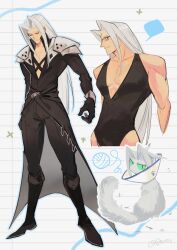 Rule 34 | 1boy, alternate costume, animalization, aries20770321, armor, black boots, black coat, black gloves, black leotard, black pants, blue outline, boots, bracer, chest strap, chinese commentary, closed eyes, coat, colored sclera, commentary request, facing to the side, final fantasy, final fantasy vii, glasses, gloves, green sclera, grey background, grey fur, grey hair, hair intakes, highres, knee boots, leotard, long bangs, long coat, long hair, long sleeves, looking back, looking down, male focus, multiple views, outline, pants, parted bangs, pauldrons, pectoral cleavage, pectorals, pet cone, rectangular eyewear, sephiroth, shoulder armor, signature, slit pupils, smile, sparkle, standing, tight clothes, toned, toned male, v-neck, very long hair