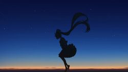 1girl barefoot closed_eyes closed_mouth commentary dusk english_commentary floating_hair frilled_shirt frills from_side gradient_sky hatsune_miku highres horizon layered_skirt long_hair miku_day nengoro night night_sky orange_sky outdoors puffy_short_sleeves puffy_sleeves scenery shirt short_sleeves silhouette skirt sky sky_focus solo star_(sky) starry_sky twintails very_long_hair vocaloid wide_shot