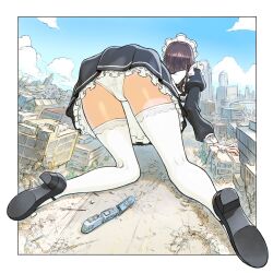Rule 34 | 1girl, absurdres, all fours, building, city, commentary, dattosan, destruction, english commentary, frilled skirt, frills, from behind, giant, giantess, high heels, highres, juliet sleeves, lace, lace-trimmed skirt, lace-trimmed thighhighs, lace trim, long sleeves, maid, maid headdress, mary janes, original, pleated skirt, puffy sleeves, shoes, skirt, solo, thighhighs, train, upskirt, white thighhighs