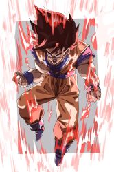 Rule 34 | 1boy, art art art 1, aura, black hair, blue shirt, bra, clenched hands, dougi, dragon ball, dragonball z, floating hair, full body, grey bra, highres, kaiouken, orange pants, orange shirt, pants, powering up, shirt, simple background, solo, son goku, spiked hair, underwear
