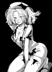 Rule 34 | 1girl, bandaged arm, bandaged neck, bandages, between legs, black background, blood, blood on clothes, blood on face, body freckles, breasts, closed mouth, collarbone, collared dress, commentary, dress, fake blood, freckles, futsuu no keion-bu, garter straps, greyscale, hair ornament, halloween costume, hand between legs, hand up, hat, highres, kneeling, looking at viewer, medium breasts, monochrome, no bra, nurse, nurse cap, official alternate costume, official alternate hairstyle, open clothes, open dress, parted bangs, sandals, short dress, short sleeves, simple background, skull hair ornament, smile, solo, stethoscope, stethoscope around neck, thighhighs, torn clothes, tsuru asaka, zboz pow