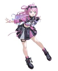 1girl :d amagai_tarou black_boots black_skirt boots center_frills collared_shirt commentary_request cropped_shirt detached_sleeves frills gradient_hair green_eyes hair_rings heterochromia highres himemori_luna hololive long_hair long_sleeves looking_at_viewer matsuura_kento miniskirt multicolored_hair official_alternate_costume official_art one_side_up open_mouth pink_hair pink_shirt puffy_detached_sleeves puffy_short_sleeves puffy_sleeves purple_eyes purple_hair second-party_source shirt short_sleeves single_hair_ring single_sleeve skirt smile solo thigh_strap virtual_youtuber
