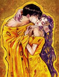 Rule 34 | 1boy, 1girl, black hair, black nails, closed eyes, closed mouth, demon, dress, eyeshadow, fingernails, gustav klimt (style), highres, hug, jinu (kpop demon hunters), kiss, kpop demon hunters, long fingernails, makeup, maleantee, purple hair, rumi (kpop demon hunters), short hair, short sleeves, twitter username, yellow dress