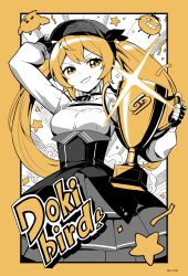 Rule 34 | 1girl, absurdres, artist name, bird, blonde hair, breasts, character name, confetti, dokibird (vtuber), dokibird (vtuber) (retro doki), dokibird (vtuber) (tomato), fingerless gloves, gamer supps, gleam, gloves, hand up, hat, heart, high-waist skirt, highres, holding, holding trophy, indie virtual youtuber, kivo, layered skirt, limited palette, partially colored, skirt, smile, star (symbol), trophy, virtual youtuber, yellow eyes