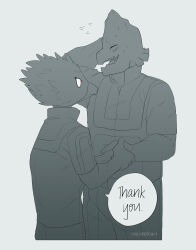 2boys artist_name beak bird_boy blush boku_no_hero_academia commentary english_commentary english_text flying_sweatdrops furry furry_male hand_on_own_head handshake highres holding_hands koda_koji laughing looking_at_another male_focus monochrome multiple_boys onesmolhurts open_mouth shy smile speech_bubble sweatdrop tokoyami_fumikage u.a._gym_uniform