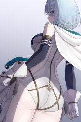 Rule 34 | 1girl, absurdres, asigaru3000, ass, black sleeves, blue eyes, blue hair, bodysuit, breasts, cape, closed mouth, dreizehn (shadowverse), from behind, gloves, highres, looking back, shadowverse, white bodysuit, white cape, white gloves