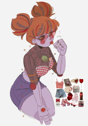 1girl absurdres black_sclera black_streaks blush_stickers camisole candy casual circus_baby_(fnaf) colored_sclera commentary crop_top denim denim_shorts earrings english_commentary fashion five_nights_at_freddy&#039;s food food_print freddy_fazbear&#039;s_pizzeria_simulator fruit_print green_eyes hand_on_own_leg heart heart-shaped_eyewear heart-shaped_food heart-shaped_lollipop highres jewelry joints jxitrash lace_trim leaning_forward lollipop looking_at_viewer mechabare messy_hair multicolored_hair no_humans orange_hair photo-referenced photo_inset plaid_clothes plaid_shirt red-tinted_eyewear red_streaks reference_inset robot robot_girl robot_joints shaped_lollipop shirt short_hair short_shorts short_twintails shorts signature simple_background solo spaghetti_strap strawberry_print streaked_hair sunglasses tinted_eyewear twintails white_background wire