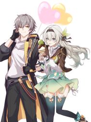 1boy 1girl aqua_dress aqua_skirt aqua_thighhighs balloon black_gloves black_jacket black_pants black_ribbon braid caelus_(honkai:_star_rail) collar collared_dress cropped_jacket dress fingerless_gloves firefly_(honkai:_star_rail) food frilled_sleeves frills gloves gradient_clothes gradient_dress gradient_eyes gradient_hair gradient_thighhighs green_pupils grey_hair hair_between_eyes hair_intakes hair_ornament hair_ribbon hand_in_own_hair heart_balloon highres holding holding_balloon holding_food holding_ice_cream honkai:_star_rail honkai_(series) ice_cream ice_cream_cone jacket licking_food long_hair long_sleeves multicolored_dress multicolored_eyes multicolored_hair neckerchief open_clothes open_jacket orange_neckerchief pants ribbon ribbon-trimmed_dress ribbon_trim saint_laurent_paris shirt simple_background single_braid skirt smile thighhighs trailblazer_(honkai:_star_rail) two-tone_eyes white_background white_collar white_shirt white_sleeves yellow_eyes