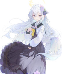 1girl absurdres azusa_(blue_archive) black_dress blue_archive closed_mouth commentary crossed_bangs dress english_commentary feathered_wings flower hair_flower hair_ornament halo highres long_hair looking_at_viewer low_wings nadenadesuki simple_background solo very_long_hair white_background white_hair white_wings wings yellow_halo