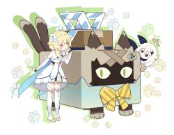 2girls animal_ears bare_shoulders blonde_hair box cardboard_box cat cat_ears cat_tail commentary_request detached_sleeves dress flower footprints full_body genshin_impact green_outline hair_between_eyes hair_flower hair_ornament highres kirara_(cat)_(genshin_impact) kirara_(genshin_impact) looking_at_another lumine_(genshin_impact) luyue multiple_girls multiple_tails outline paimon_(genshin_impact) short_hair_with_long_locks simple_background tail thighhighs two_tails white_dress white_hair white_thighhighs