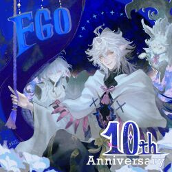 1boy 1girl ahoge anniversary em_rys fate/grand_order fate_(series) fou_(fate) hair_between_eyes highres hood hooded_robe long_hair long_sleeves looking_at_viewer merlin_(fate) merlin_(fate/prototype) one_eye_closed purple_eyes robe smile white_hair white_robe