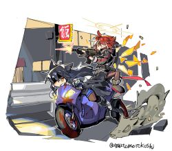 Rule 34 | 2girls, animal ears, arknights, assault rifle, black hair, black jacket, blood on vehicle, blue shorts, building, casing ejection, drifting, driving, dust, energy wings, exusiai (arknights), firing, fox ears, fox girl, fox tail, full body, guard rail, gun, hair over one eye, halo, highres, holding, holding gun, holding weapon, hood, hood down, hooded jacket, jacket, jacket on shoulders, long hair, long sleeves, motor vehicle, motorcycle, multiple girls, mutomorokoshi, muzzle flash, on one knee, open mouth, orange eyes, outdoors, pantyhose, pink pantyhose, red hair, riding, rifle, serious, shell casing, shoes, short shorts, shorts, smile, tail, texas (arknights), texas the omertosa (arknights), twitter username, urban, v-shaped eyebrows, weapon