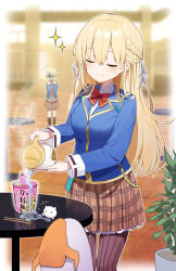 Rule 34 | absurdres, black pantyhose, blonde hair, blue jacket, bow, braid, green eyes, hair ribbon, half up braid, heaven burns red, highres, jacket, kayamori ruka, long hair, long sleeves, multiple girls, pantyhose, red bow, ribbon, rinki oohen, short hair, striped clothes, striped pantyhose, toujou tsukasa, vertical-striped clothes, vertical-striped pantyhose, white ribbon