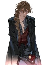 Rule 34 | 1boy, apple, atie1225, bitten apple, black gloves, braid, brown hair, commentary, duo maxwell, fangs, food, food bite, fruit, gloves, gundam, gundam wing, hair between eyes, highres, holding, holding food, holding fruit, long hair, long sleeves, male focus, purple eyes, red vest, simple background, single braid, solo, symbol-only commentary, v-shaped eyebrows, vampire, vest, white background