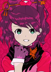 1girl ace_attorney ace_attorney_investigations black_scarf gloves green_eyes highres kay_faraday red_background scarf smile solo solo_focus xmartieisgood