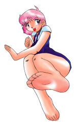 1girl :p barefoot blush feet looking_at_viewer pink_hair purple_eyes short_hair soles tampopopost toes tongue tongue_out