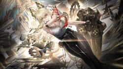 1girl absurdres anniversary arm_up black_gloves black_horns black_pants blonde_hair breasts cleavage closed_mouth commentary curled_horns english_commentary fek_zin gloves hair_between_eyes hand_up highres holding holding_shield horns large_breasts long_hair looking_at_viewer necktie necktie_around_wrists official_art pants red_eyes red_necktie shield shirt shirt_tucked_in solo tight_clothes tight_pants torn_clothes torn_shirt white_shirt wuthering_waves zani_(wuthering_waves)