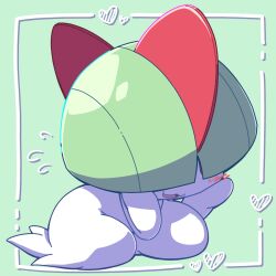blush bowl_cut colored_skin flying_sweatdrops gen_3_pokemon green_background green_hair hair_over_eyes heart horns nettsuu nintendo pokemon pokemon_(creature) ralts simple_background white_skin