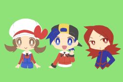 Rule 34 | 1girl, 2boys, blue eyes, blue hair, blue jacket, blush, blush stickers, bright pupils, brown eyes, brown hair, chibi, ethan (pokemon), green background, hr67sh, jacket, lyra (pokemon), multiple boys, nintendo, overalls, pokemon, pokemon hgss, red eyes, red hair, red jacket, silver (pokemon), simple background, smile, twintails, v, white pupils