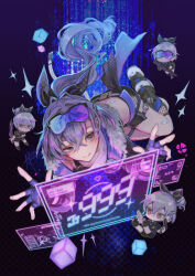 4girls :q bandaid chibi crossed_bangs dual_wielding eyewear_on_head fingerless_gloves fishnets floating_hair full_body gensou_aporo gloves grey_hair gun hair_intakes highres holding holding_gun holding_sword holding_weapon holographic_monitor honkai:_star_rail honkai_(series) jacket light_smile long_hair midair mini_person minigirl multiple_girls multiple_persona shorts silver_wolf_(honkai:_star_rail) sunglasses sword tongue tongue_out very_long_hair weapon