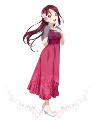 1girl :d arm_behind_back artbook blush dress floating_hair flower full_body hair_flower hair_ornament high_heels highres jewelry long_dress long_hair looking_at_viewer love_live! love_live!_sunshine!! necklace non-web_source official_art open_mouth pumps red_dress red_hair sakurauchi_riko simple_background smile solo standing white_background yellow_eyes