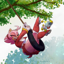 1boy 1girl amy_rose breasts chao_(sonic) cheese_(sonic) closed_eyes commentary commission english_commentary hedgehog_girl highres lambpaca open_mouth pink_fur sonic_(series) thick_thighs thighs tire_swing