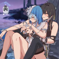 2girls absurdres armlet bare_shoulders black_gloves black_hair black_thighhighs blue_hair blue_nails blue_veil blurry blurry_background blush boots breasts dress earrings elbow_pads female_rover_(wuthering_waves) fingernails gloves grabbing_another&#039;s_breast grabbing_from_behind groping hair_ribbon highres jewelry large_breasts multiple_girls nail_polish parted_lips ribbon rover_(wuthering_waves) shorekeeper_(wuthering_waves) sitting sleepy_kaslana sleeveless sleeveless_dress smile thighhighs thighhighs_under_boots triangle_earrings two-tone_veil veil white_dress white_veil wuthering_waves yellow_eyes yellow_ribbon yuri