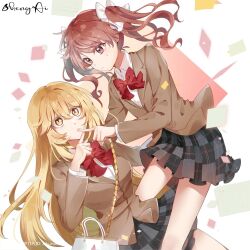 Rule 34 | 2girls, aisheng kuroko, bag, blazer, blonde hair, bow, bowtie, breasts, brown eyes, brown hair, brown jacket, collared shirt, commentary request, finger to another&#039;s mouth, gloves, grey skirt, hair bow, handbag, highres, jacket, large breasts, long hair, long sleeves, looking at another, miniskirt, multiple girls, plaid clothes, plaid skirt, red bow, red bowtie, school emblem, school uniform, shirai kuroko, shirt, shokuhou misaki, simple background, skirt, sparkling eyes, toaru kagaku no mental out, toaru kagaku no railgun, toaru majutsu no index, tokiwadai school uniform, twintails, white bow, white gloves, white shirt, winter uniform, x fingers, yellow eyes