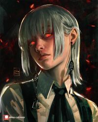 1girl artist_name chainsaw_man commentary dress earrings english_commentary fami_(chainsaw_man) fourth_east_high_school_uniform highres jewelry painterly pinafore_dress ringed_eyes school_uniform sebijy sleeveless sleeveless_dress solo tassel tassel_earrings watermark web_address