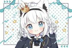 1girl \n/ animal_ear_fluff animal_ears aobahosino aqua_eyes ascot black_ascot black_bow black_bowtie black_hairband black_jacket blue_flower blush bow bowtie braid collared_shirt crown double_\n/ flower fox_ears fox_girl gloves hairband highres hololive jacket long_hair long_sleeves looking_at_viewer mini_crown portrait shirakami_fubuki shirakami_fubuki_(aristocrat_kei) shirt side_braid signature smile solo star_(symbol) star_print upper_body virtual_youtuber white_gloves white_hair white_shirt