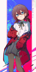 1girl absurdres belt black_belt black_pantyhose black_ribbon black_skirt blue_eyes brown_hair closed_mouth collared_shirt copyright_name coria girls_band_cry glasses hair_between_eyes highres iseri_nina jacket long_sleeves looking_at_viewer neck_ribbon open_clothes open_jacket pantyhose red_jacket ribbon shirt shirt_tucked_in signature skirt standing v-shaped_eyebrows white_shirt