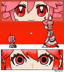 1girl ahoge bow branchpuzzle drill_hair female_focus grey_jacket grey_skirt hair_intakes heart highres jacket kasane_teto kasane_teto_(sv) kasane_teto_(utau) red_eyes red_hair seiza sitting skirt solo stuffed_toy sweatdrop synthesizer_v tagme twin_drills utau white_bow