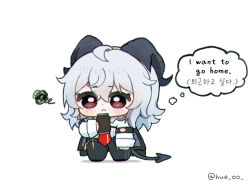 Rule 34 | 1girl, :&lt;, armband, bilingual text, black armband, black horns, black jacket, black pants, black tail, can, chibi, chibi only, closed mouth, commentary, curled horns, demon tail, drink can, english text, full body, grey hair, hair between eyes, holding, holding can, horns, hue oo, jacket, jacket on shoulders, korean text, light blush, long hair, mixed-language text, mole, mole under eye, necktie, pants, red eyes, red necktie, shirt, simple background, solo, standing, symbol-only commentary, tail, white background, white shirt, wuthering waves, zani (wuthering waves)