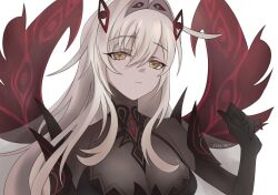 1girl bodystocking coilin07 extra_eyes eye_hair_ornament eye_symbol genshin_impact hair_intakes highres ronova_(genshin_impact) side_ahoge simple_background solo symbol-shaped_pupils too_many_eyes upper_body white_background white_hair yellow_eyes
