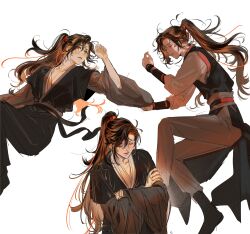 1boy absurdres ahoge black_boots black_hair black_hanfu blush boots brown_eyes brown_hair chinese_clothes closed_eyes closed_mouth collarbone crossed_arms full_body grey_pants hair_ribbon hand_up hanfu high_ponytail highres knee_up korean_commentary long_hair long_sleeves looking_at_viewer lying male_focus modao_zushi multiple_views niken_(niken_ouo) on_back on_side open_mouth pants parted_lips pectoral_cleavage pectorals ponytail red_pupils red_ribbon ribbon robe sash sidelocks simple_background sitting sleeping standing tunic wei_wuxian white_background wide_sleeves