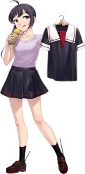 1girl ahoge black_hair black_shirt black_skirt black_socks brown_shoes clothes_hanger cosplay cut_bangs food fujikawa fujinami_(kancolle) fujinami_(sweet_potato)_(kancolle) full_body hair_ribbon holding holding_unworn_clothes kantai_collection loafers long_hair looking_at_viewer neckerchief official_art one_eye_closed pleated_skirt purple_shirt red_neckerchief ribbon sailor_collar sailor_shirt shiratsuyu_(kancolle) shiratsuyu_(kancolle)_(cosplay) shirt shoes side_ponytail simple_background skirt smile socks solo standing sweet_potato tongue tongue_out transparent_background undershirt undone_neckerchief unworn_shirt white_ribbon white_sailor_collar yellow_eyes